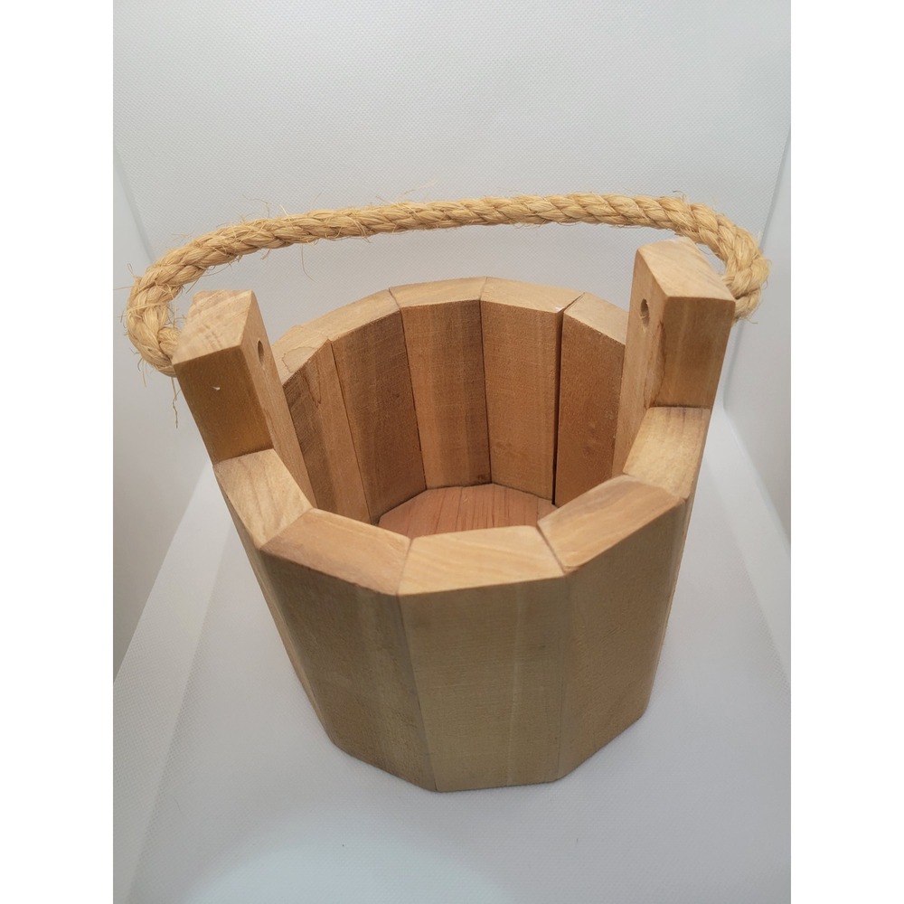 Rustic Wooden Bucket Planter with Jute Rope Handle Natural Farmhouse Decor 7.5in